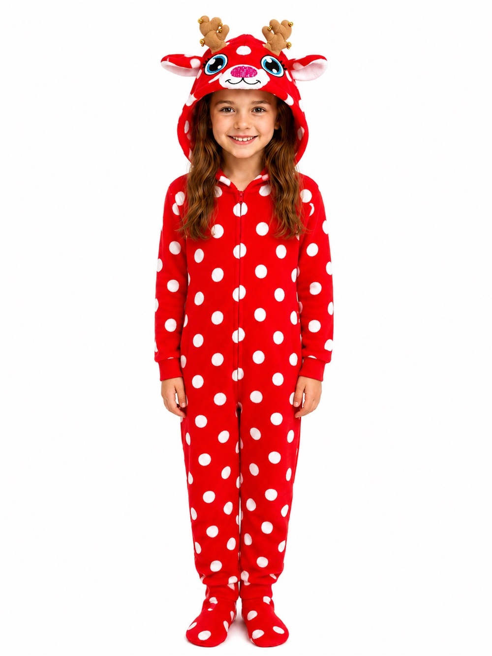 JUSTICE Girls Polka Dot Red Holiday Reindeer Hooded Zipper Bodysuit Footed P…